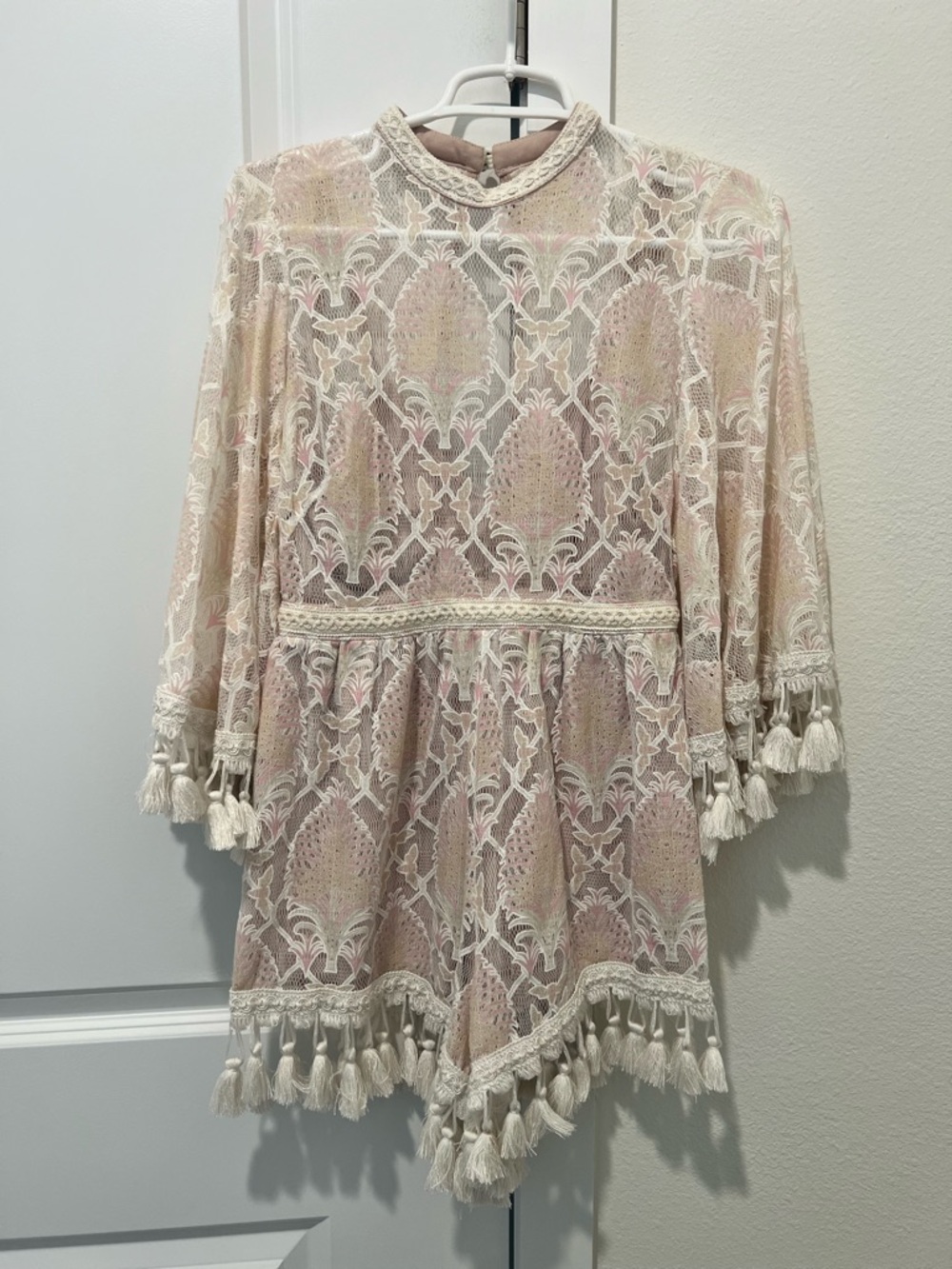 NWT L'ATISTE Blush Pink Lace Romper with Tassel Detail